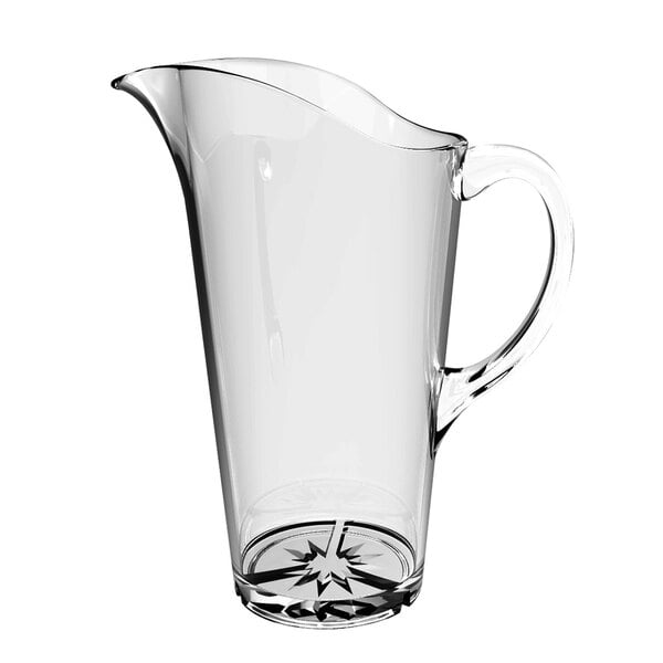 A clear polycarbonate pitcher with a handle.