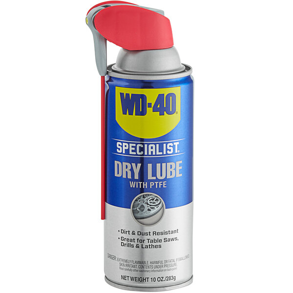 A can of WD-40 Dirt & Dust Resistant Dry Lube with a red lid.