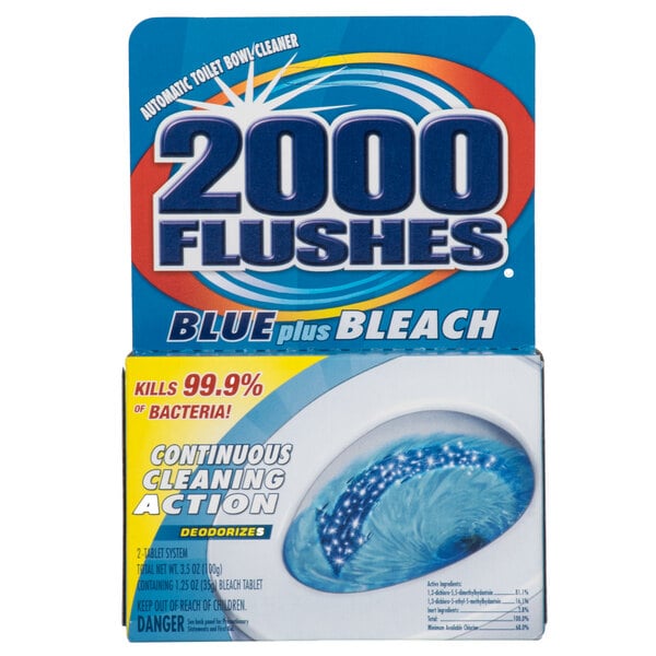 A white box of 12 2000 Flushes Blue Plus Bleach toilet bowl cleaners.
