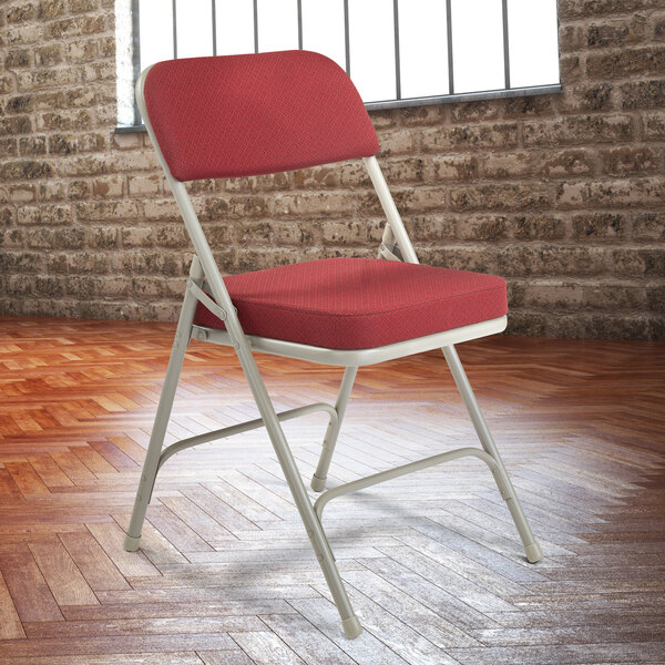 National Public Seating 3218 Gray Metal Folding Chair with 2" New Burgundy Fabric Padded Seat