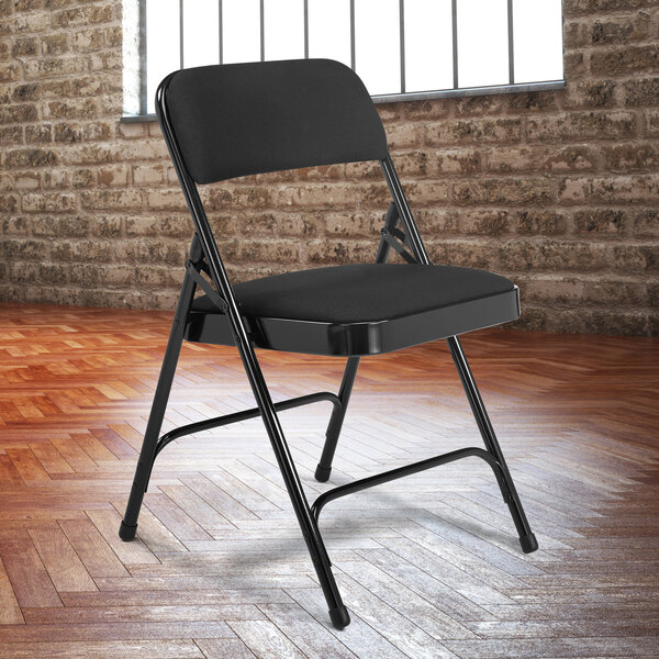 National Public Seating 2210 Black Metal Folding Chair with 1 1/4" Midnight Black Fabric Padded Seat