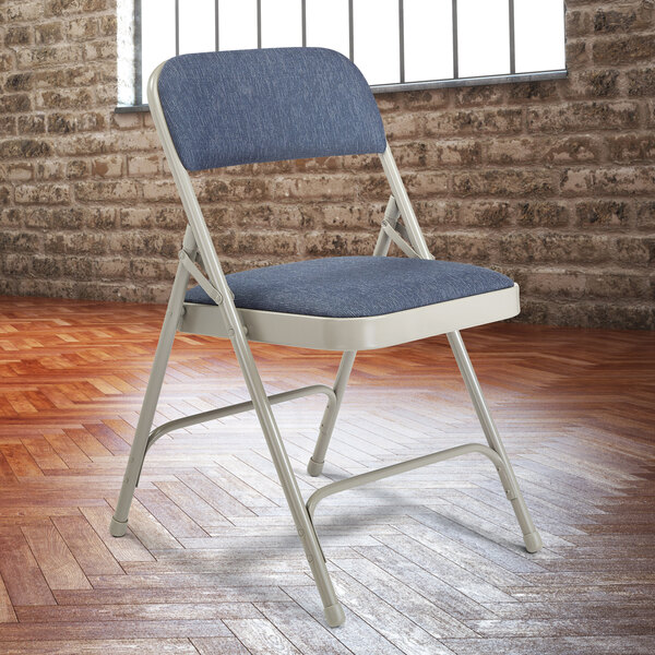 National Public Seating 2205 Gray Metal Folding Chair with 1 1/4" Imperial Blue Fabric Padded Seat