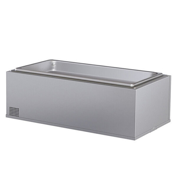 A Hatco drop-in hot food well filled with a rectangular stainless steel container with a lid.