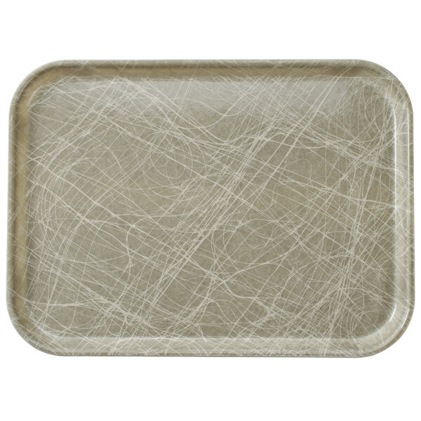 A rectangular grey Cambro tray with white abstract lines.