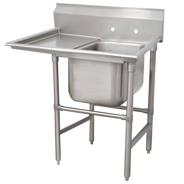 An Advance Tabco stainless steel pot sink with a left drainboard.