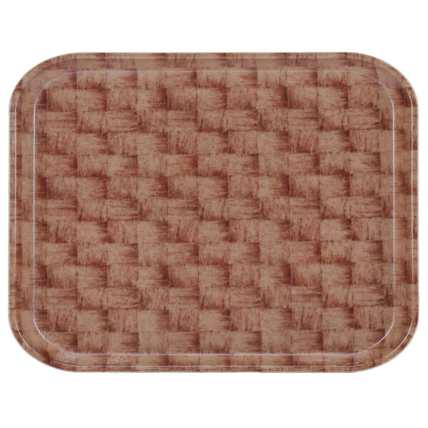A brown rectangular Cambro tray with a white basketweave pattern.