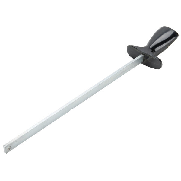 A metal tool with a black handle on a metal rod.