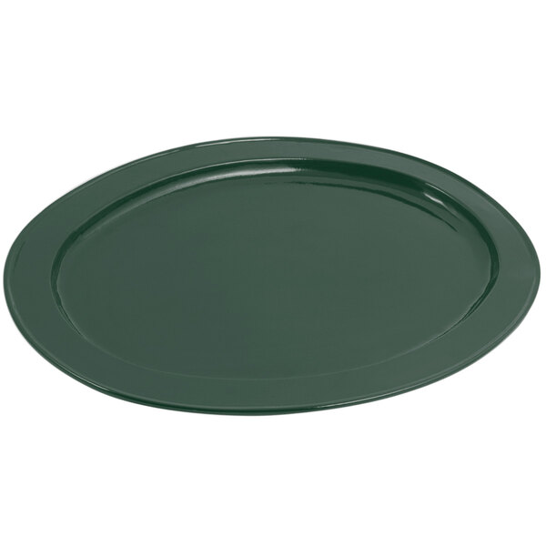 A hunter green oval Bon Chef cast aluminum platter with a sandstone finish.