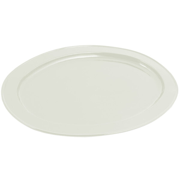 An ivory cast aluminum oval platter with a small rim.