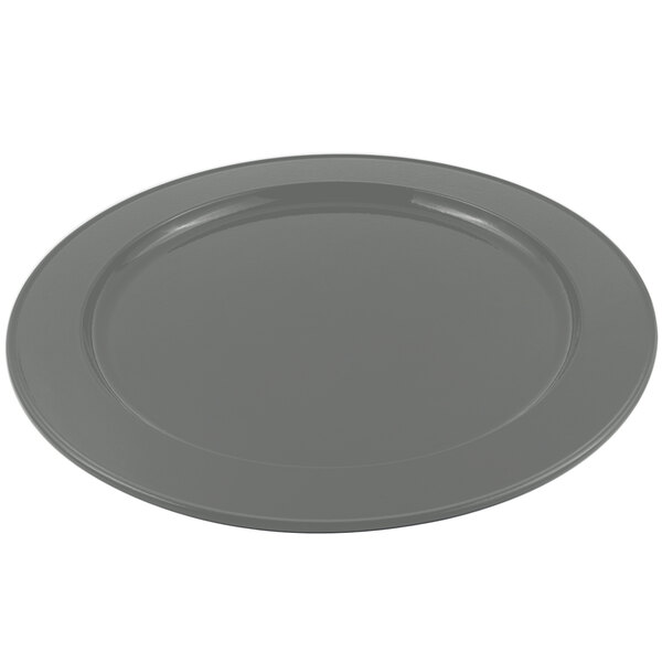 A grey Bon Chef cast aluminum round platter with a sandstone finish on a white background.