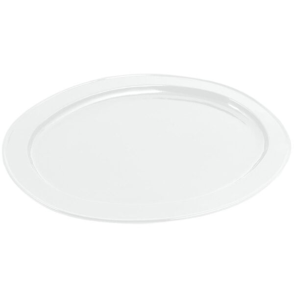 A white Bon Chef cast aluminum oval platter with a small rim.