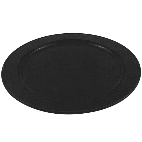 A black round Bon Chef cast aluminum platter with a speckled sandstone finish.