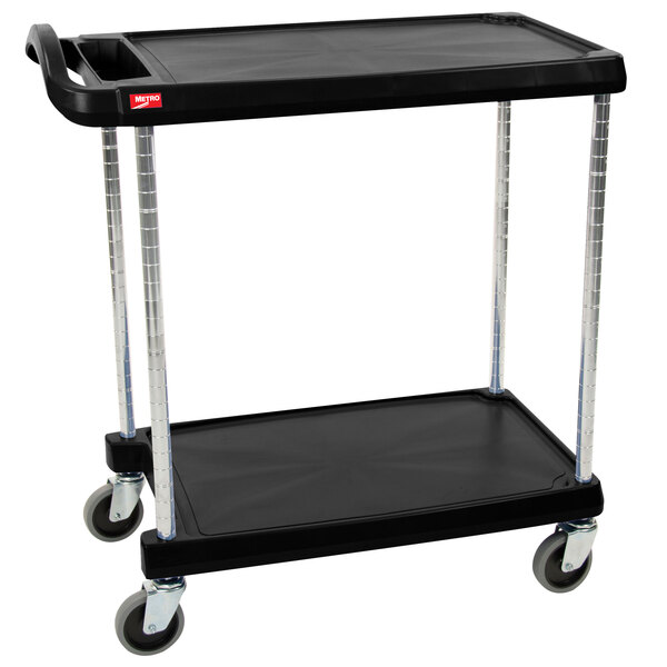 A black Metro utility cart with two shelves and silver legs.