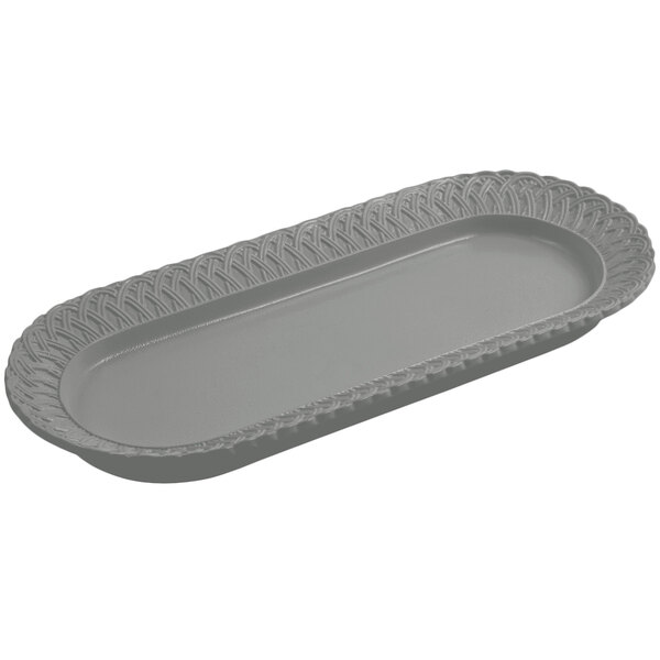 A rectangular gray Bon Chef cast aluminum fish platter with a trellis design.
