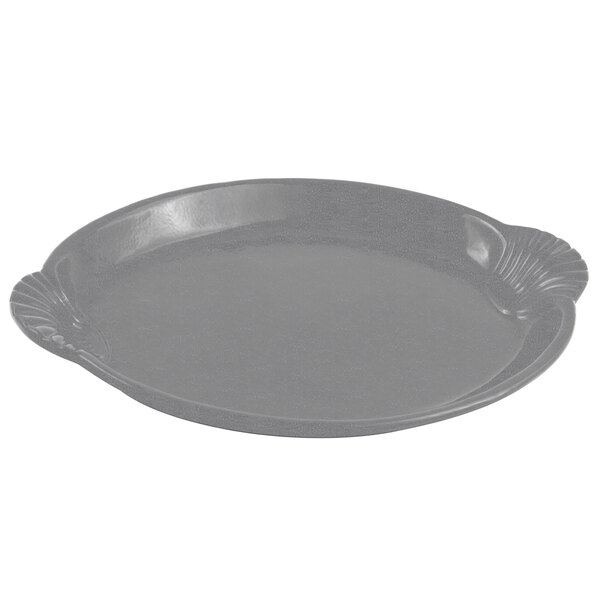 A smoke gray Bon Chef cast aluminum shell and fish platter with a decorative design.