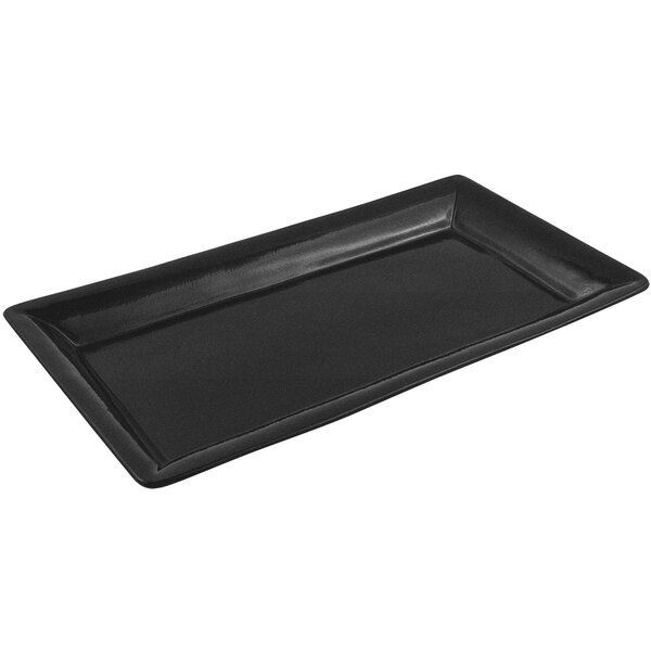 A black rectangular Bon Chef tray with a speckled finish on a counter.