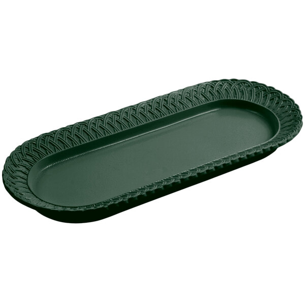 A rectangular green Bon Chef cast aluminum trellis fish platter with braided edges.
