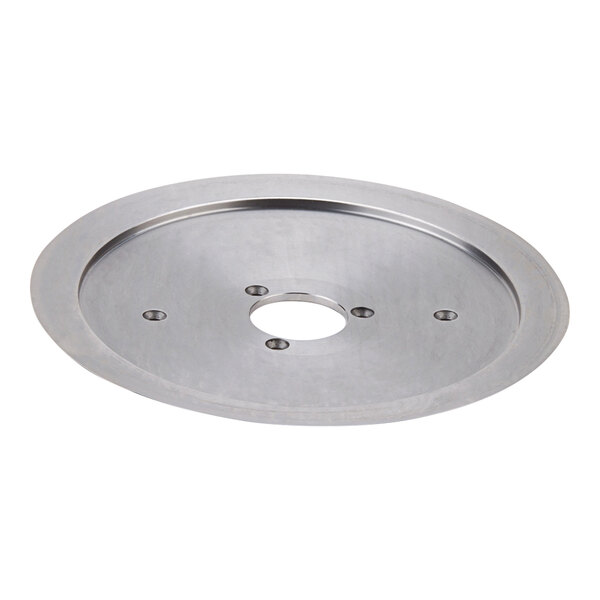 A circular stainless steel blade with holes.