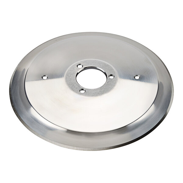 A stainless steel circular blade with a hole in the center.