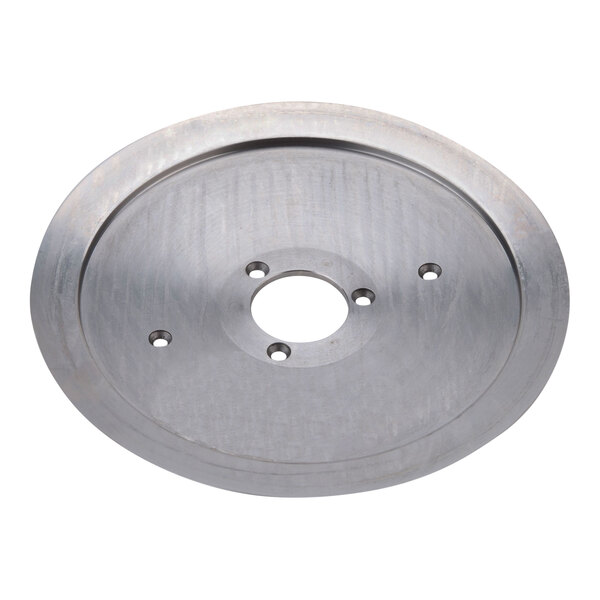 A circular metal Avantco replacement blade with holes in it.
