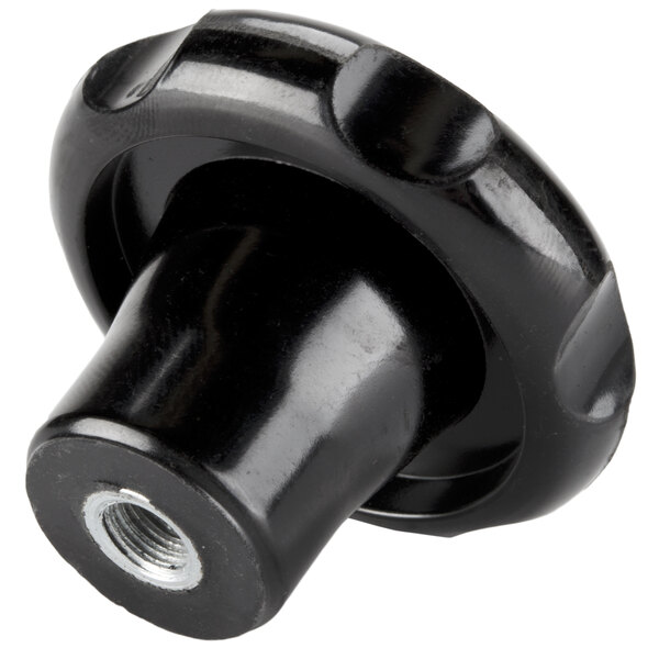 A black plastic knob with a screw for a nut.