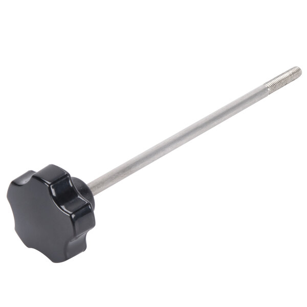 A black Avantco knob with a silver metal handle.