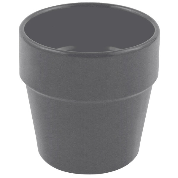 A smoke gray Bon Chef cast aluminum pot with a lid.