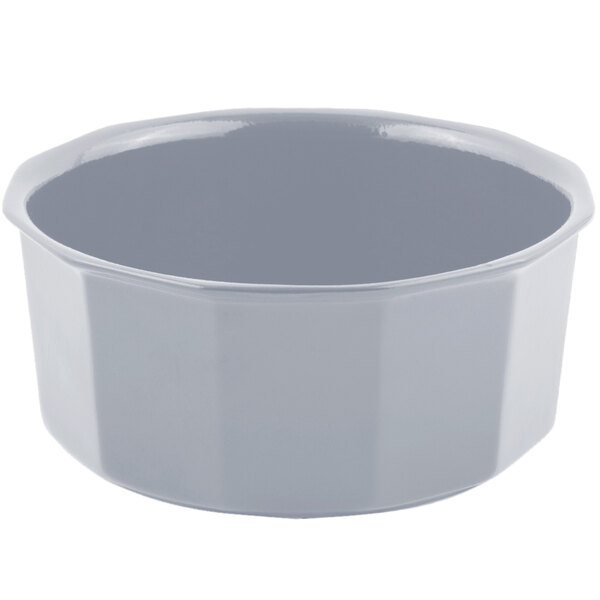 A gray Bon Chef pewter-glo flat bottom bowl with a white background.