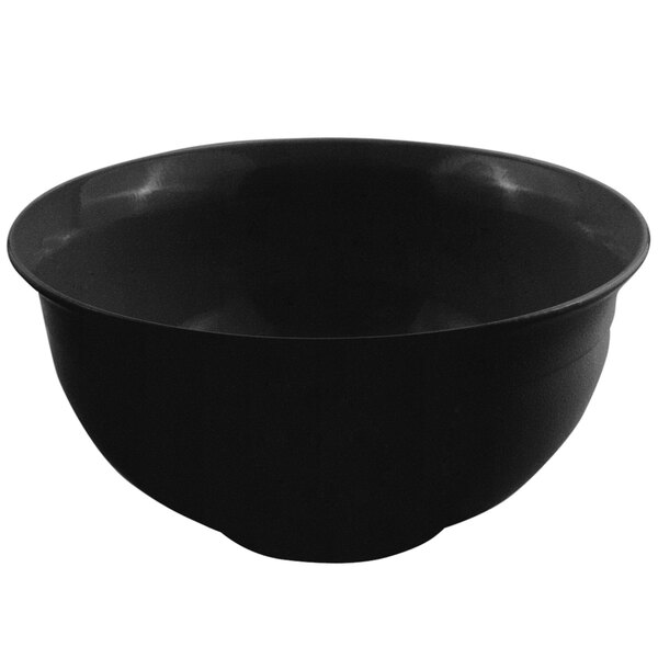 A black Bon Chef cast aluminum tulip bowl with a speckled finish.