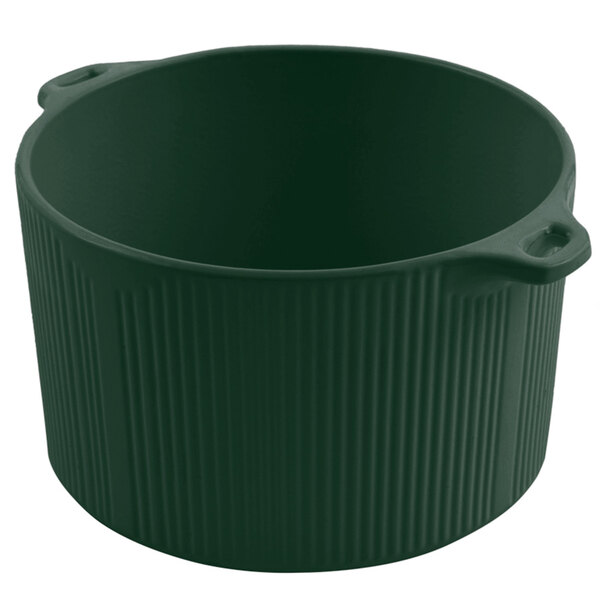 A green pot with bail handles.