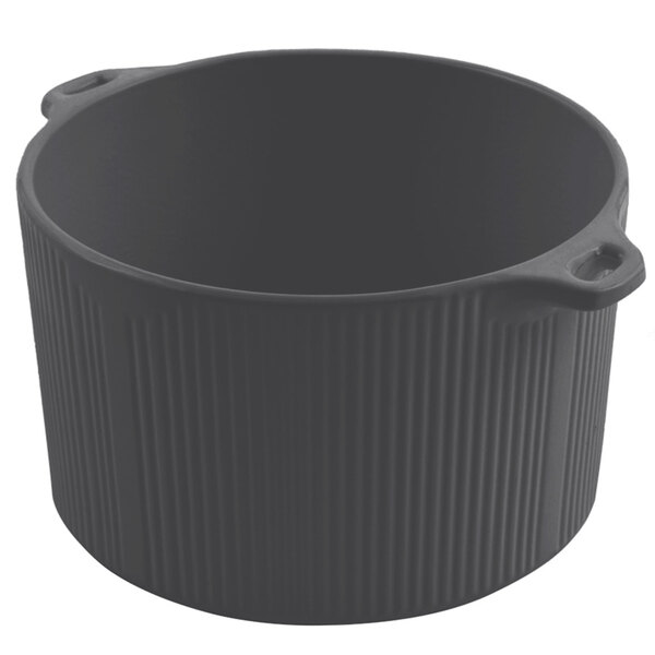 A smoke gray Bon Chef pot with bail handles.