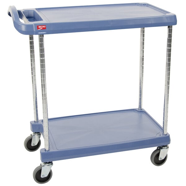Metro myCart MY2636-25BU Blue Antimicrobial Utility Cart with Two Shelves and Chrome Posts - 28" x 40"