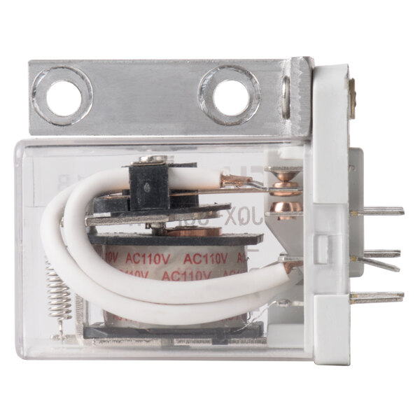 An Avantco replacement relay with a white wire attached.