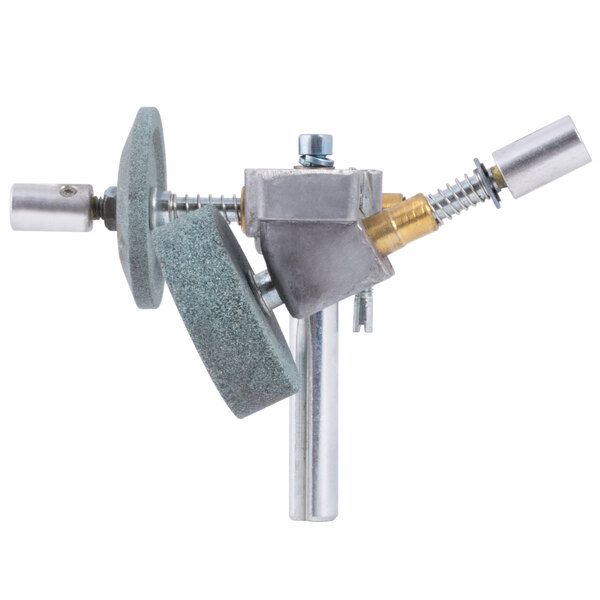 A metal Avantco sharpener assembly with a grinding wheel and screws.