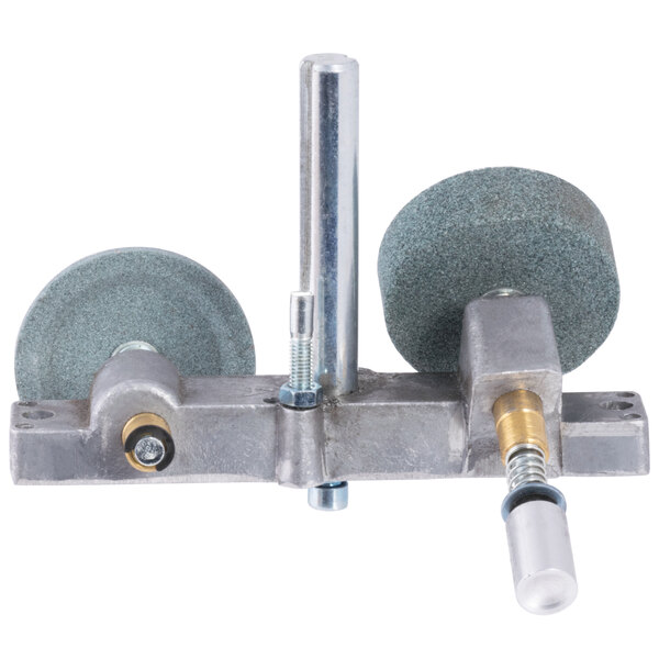 A metal Avantco sharpener assembly with two round grinding wheels.