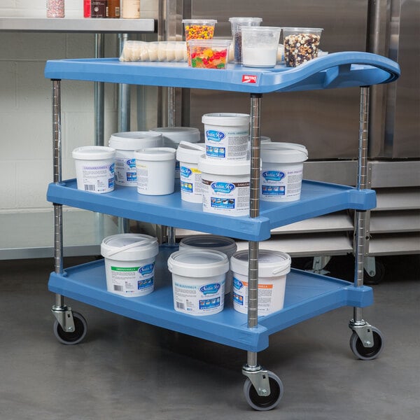 Metro myCart MY2030-34BU Blue Antimicrobial Utility Cart with Three Shelves and Chrome Posts - 24" x 34"