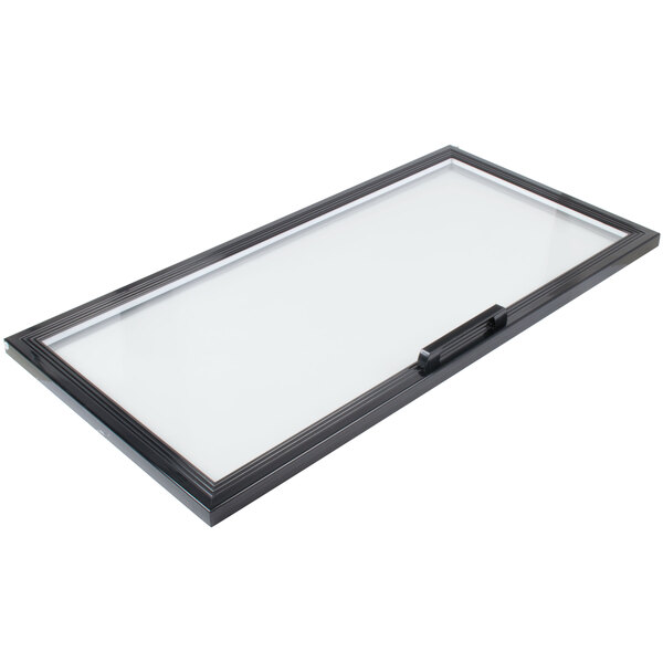 A black rectangular glass door with a white frame.