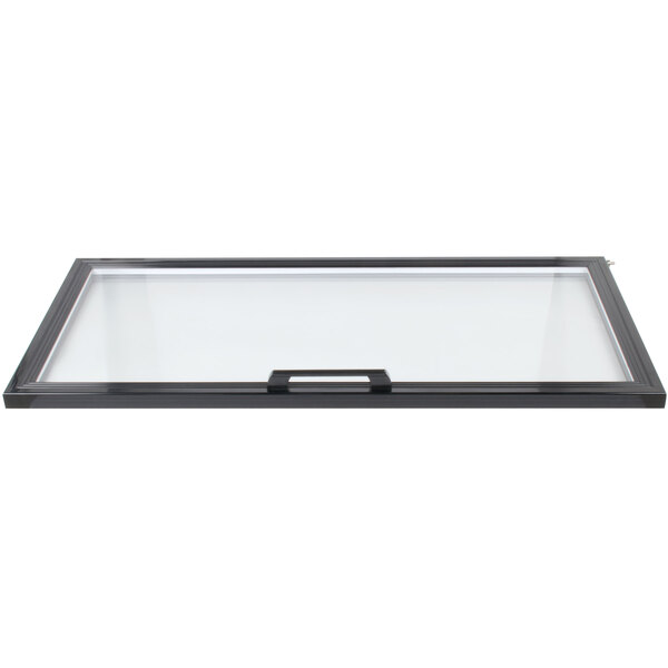 A rectangular black and white door with a black frame and white glass panel.