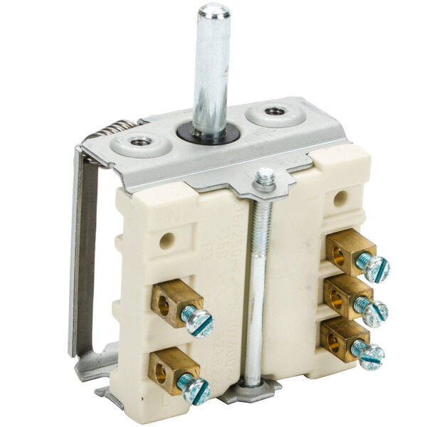 A white electrical selector switch with two wires and two screws.