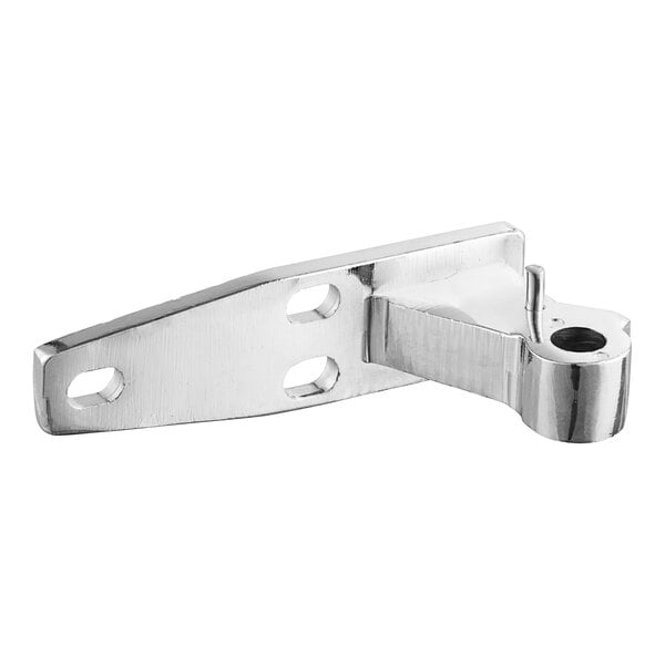 A close-up of a silver metal Avantco bottom hinge bracket with holes.