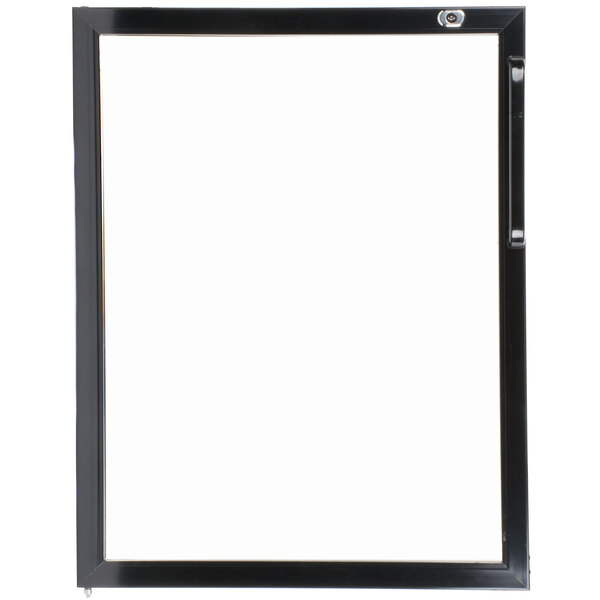 A black rectangular frame with a white background containing a left hinged door.