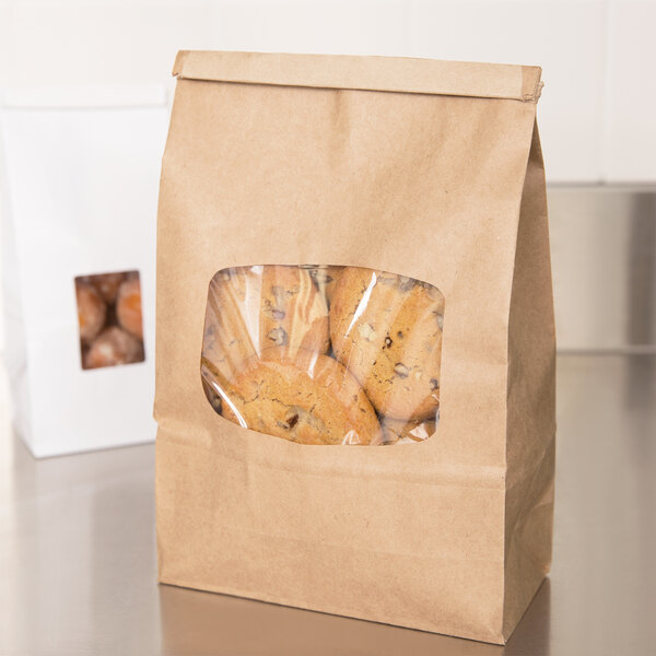 1 lb. Brown Kraft Customizable Paper Cookie / Coffee / Donut Bag with Window and Tin Tie Closure - 50/Pack