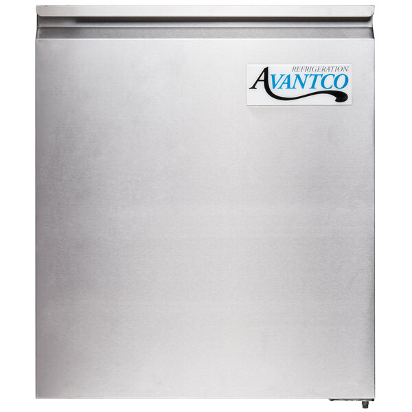 A silver stainless steel Avantco refrigerator door with a white label on it.