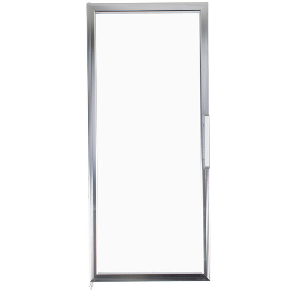 An Avantco white refrigerator door with a rectangular silver frame.