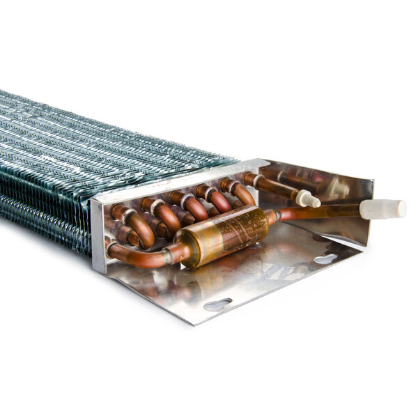 An Avantco evaporator coil with copper tubes and metal fins.