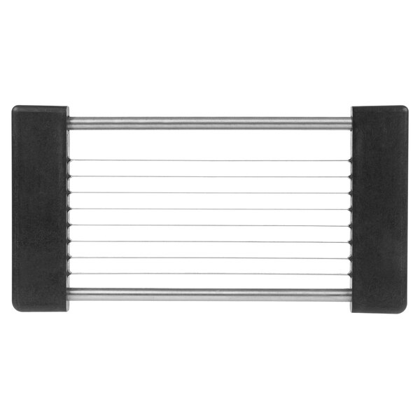 A black rectangular metal frame with silver scalloped blades.