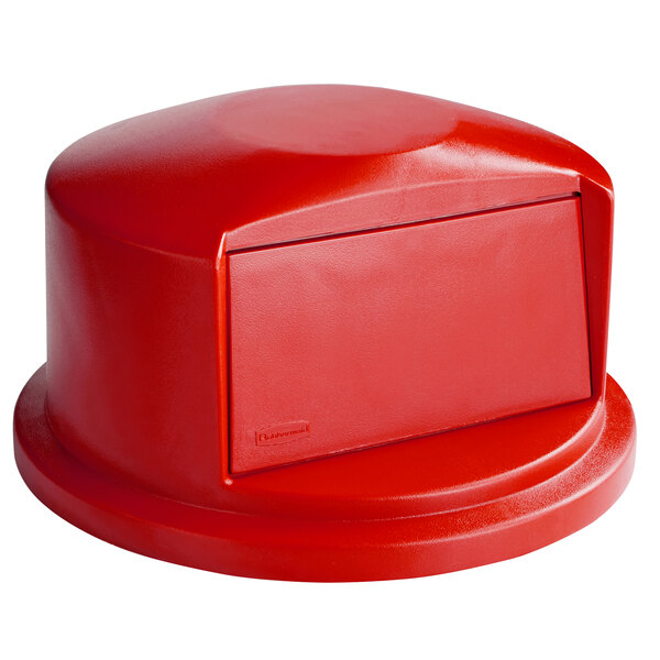 A red Rubbermaid dome top for a 32 gallon trash can.