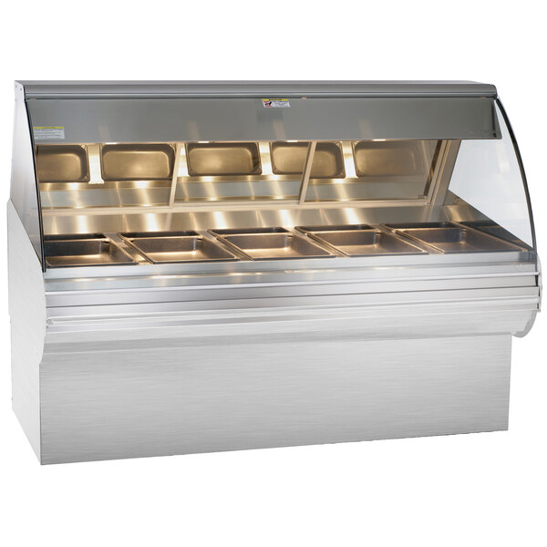 A stainless steel Alto-Shaam heated display case with curved glass over three trays.