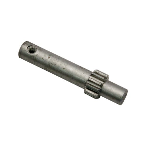 A metal pinion rod with a metal gear on the end.