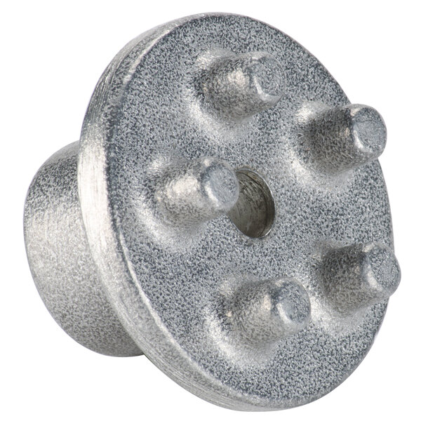 A round metal plunger assembly with a white and grey nut.